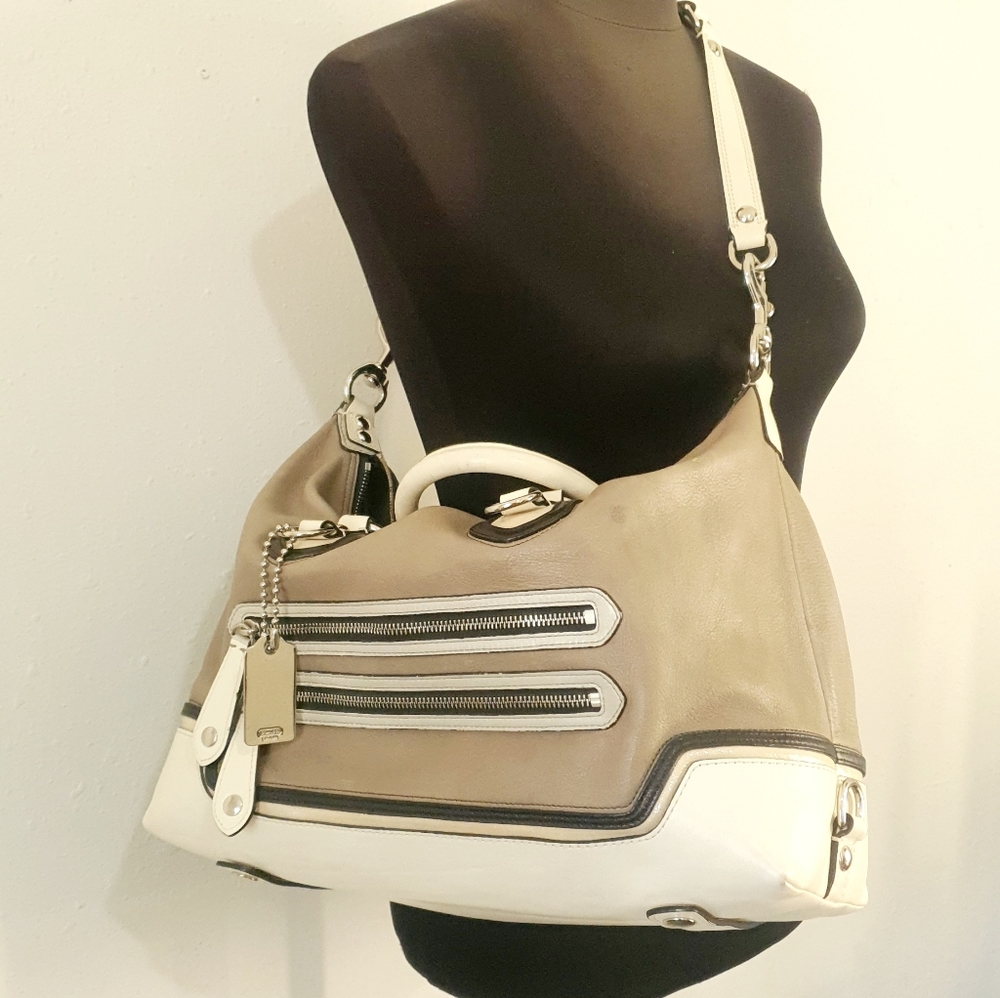 Coach Leather Satchel Purse Taupe Ivory